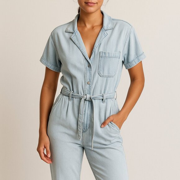 Zara Light Wash Short Sleeve Denim Jumpsuit – Size M - Picture 1 of 9